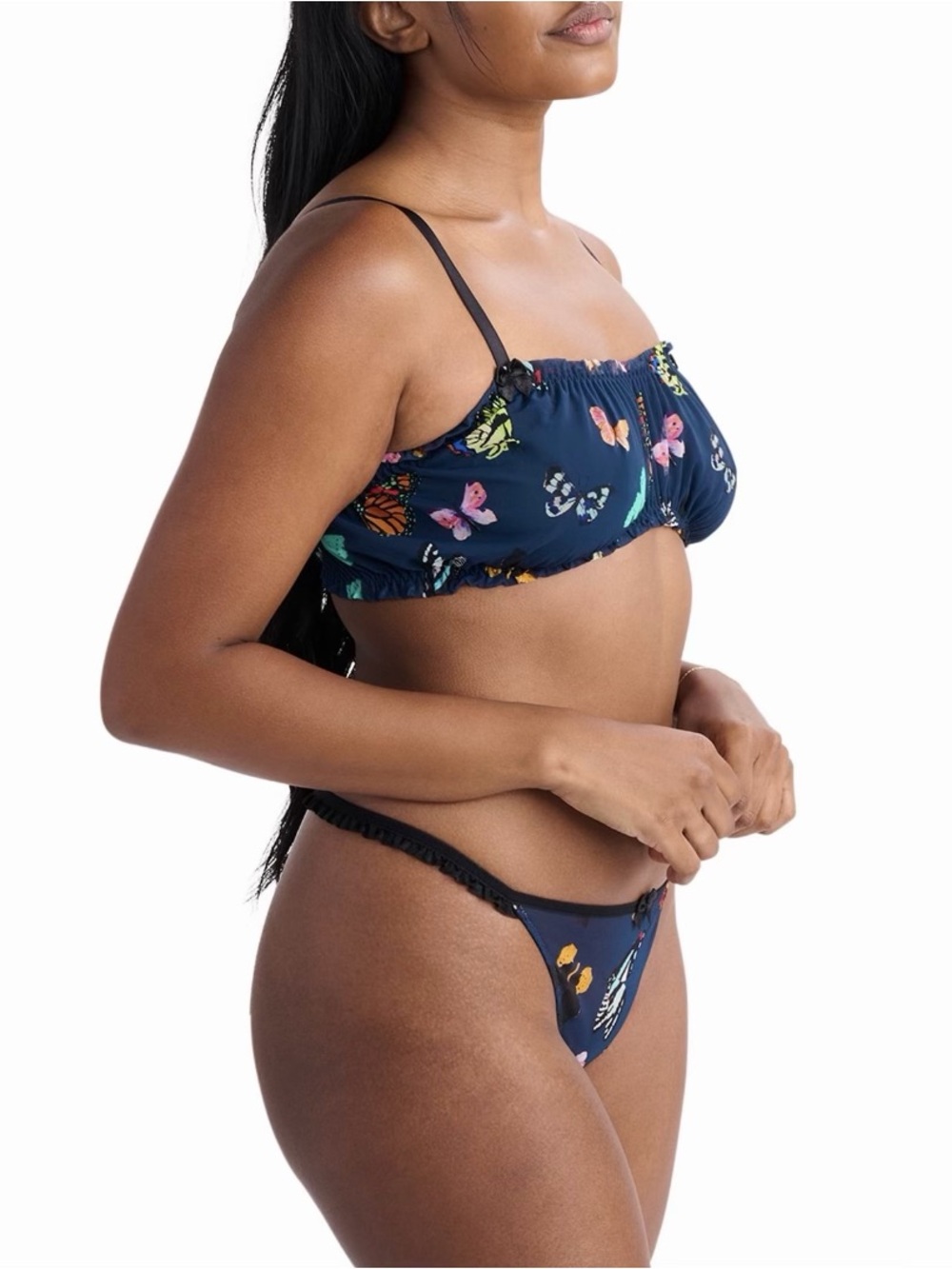 Navy Butterfly Print Mesh Bralette and Thong Set